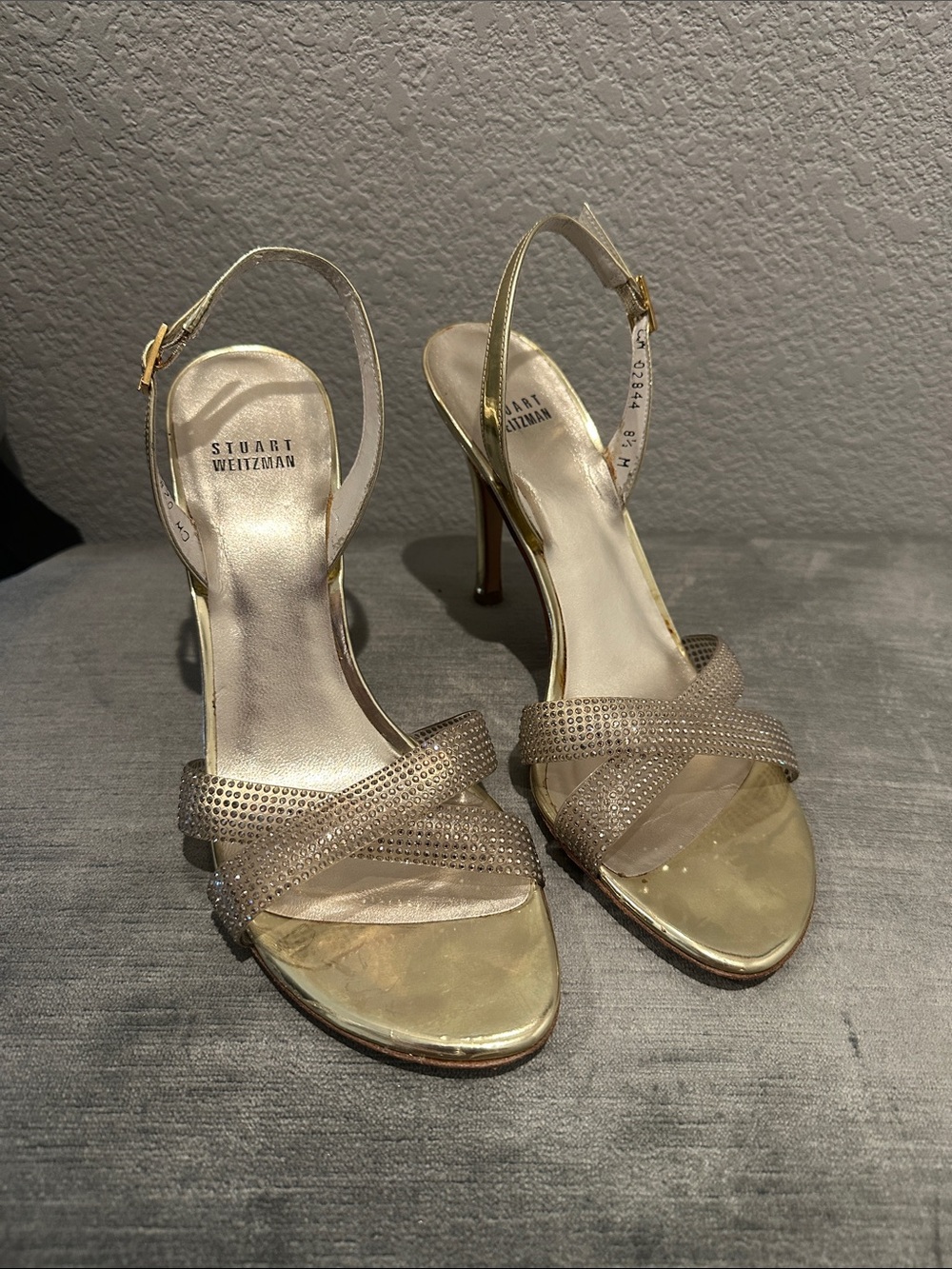 Stuart Weitzman Gold and Rhinestone Slingback Heels